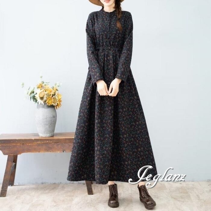 2色 小花柄 ロング ワンピース 長袖 ボタン ドロスト フェミニン(MB770)τ