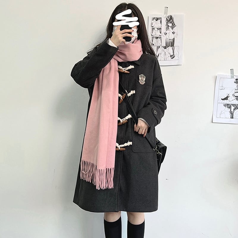 コート カレッジスタイル ホーンボタン 徽章 ワッペン ウール 可愛い