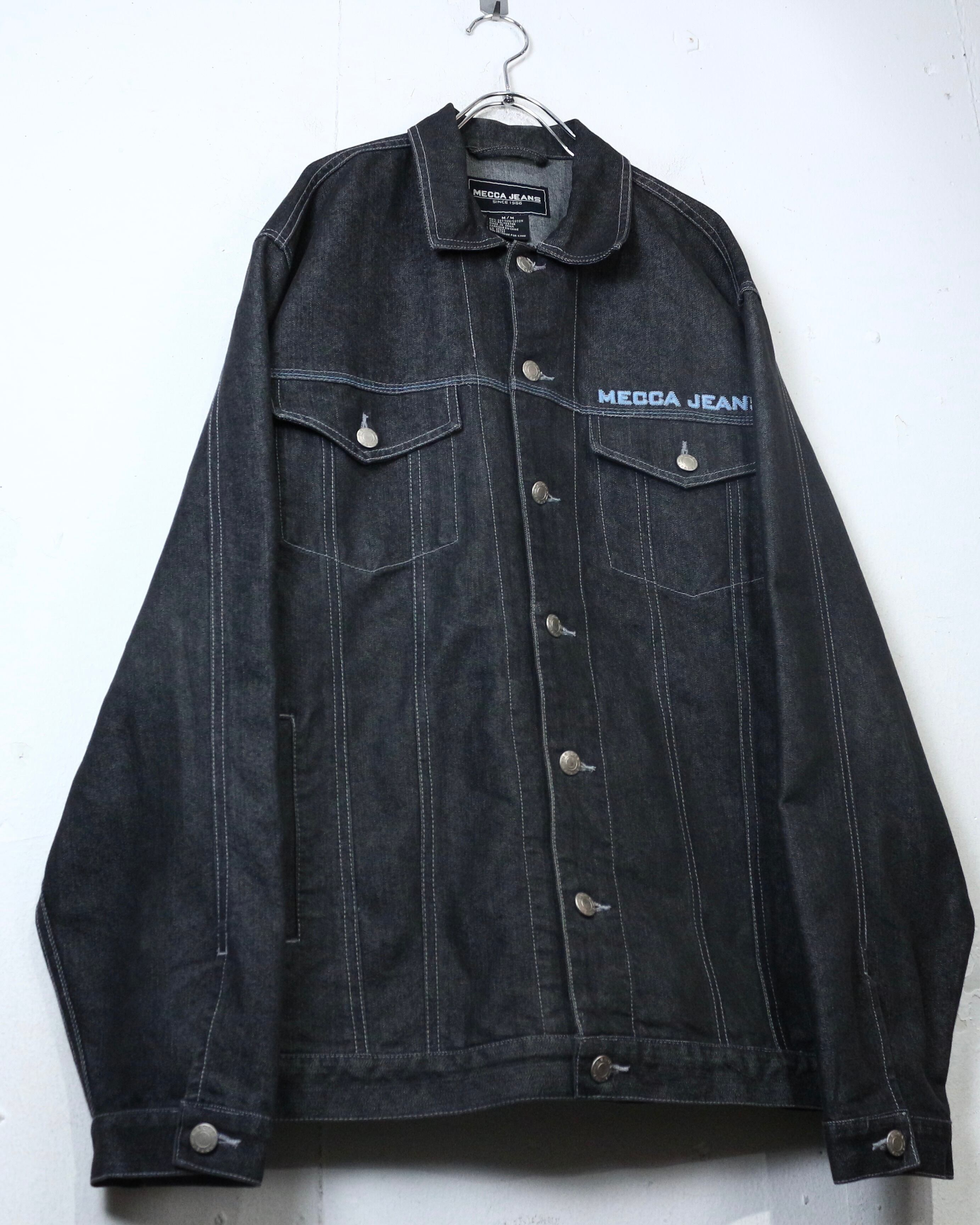 MECCA ブラックデニム　W50 規格外サイズ　bboy Caka act2】“MECCA JEANS” Logo Embroidery Oversized Denim Jacket