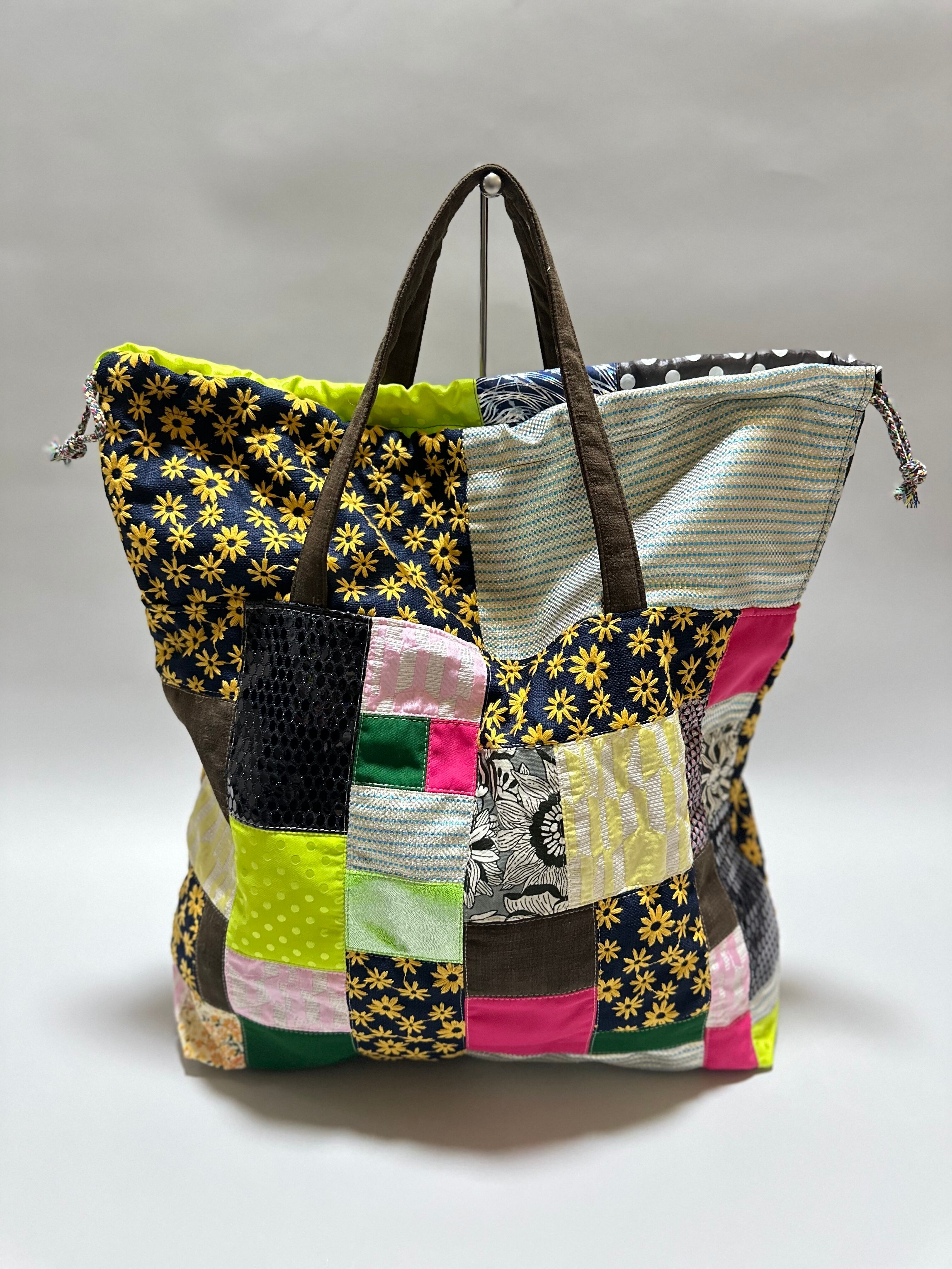 パッチワークエコバッグ③ L #キイロ×ネイビーミックス | a Linden