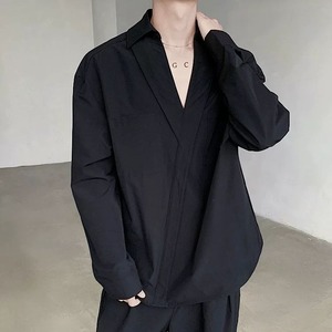 【Men】 MONOCHROME V-NECK SHIRT LONG-SLEEVE CASUAL LOOSE FIT TOP S-1398