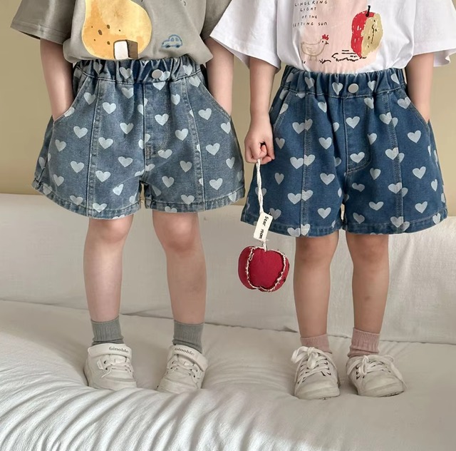 【80-150】heart denim short pants ショートデニムパンツ ハート柄 リンク