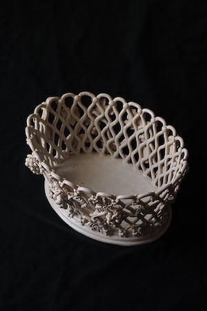 陶器の葡萄籠ジャルディニエ-antique pottery oval basket