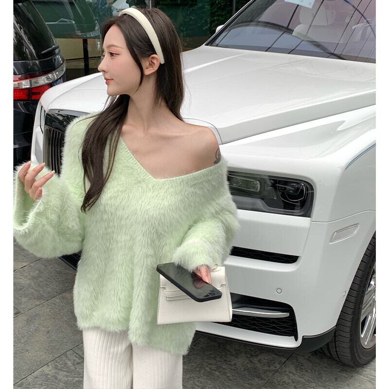 グリーンVネックセーター レディースオータムウィンタールーズニットトップス ロング 秋物 冬物 オフショルダー ガールズファッション93879122888