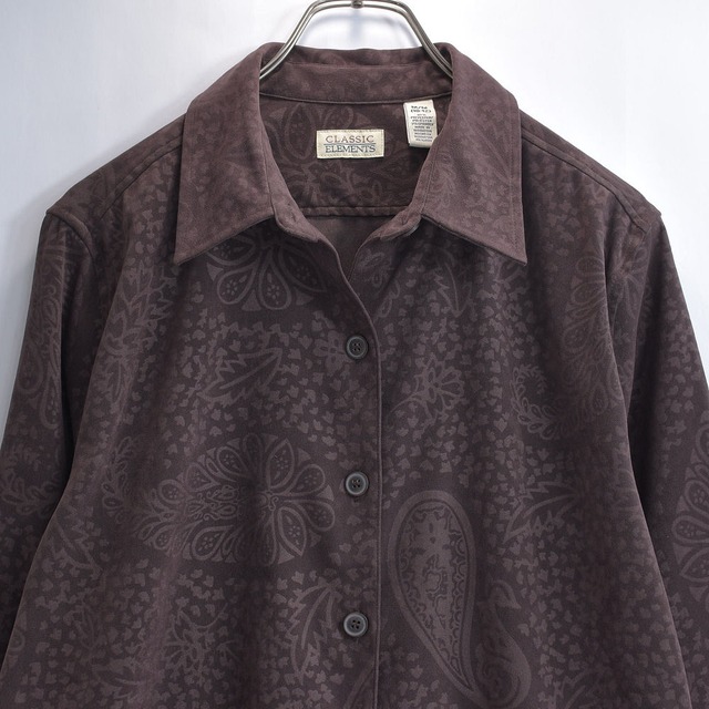 CLASSIC ELEMENTS スエードタッチ ペイズリー柄 総柄シャツ ボタニカル柄 ヴィンテージ ダークブラウン ピーチ起毛 ビンテージ USA アメリカ古着 レディースL相当