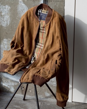 “Burberrys” raglan sleeve suede zip blouson / ribbed collar & hem / classic check lining / Made in ENGLAND
