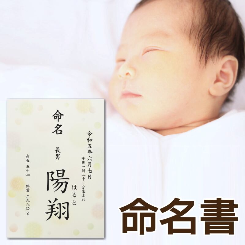 名入れ】水玉柄 命名書 - 女の子 男の子 命名紙 / お名前＋生年月日＋