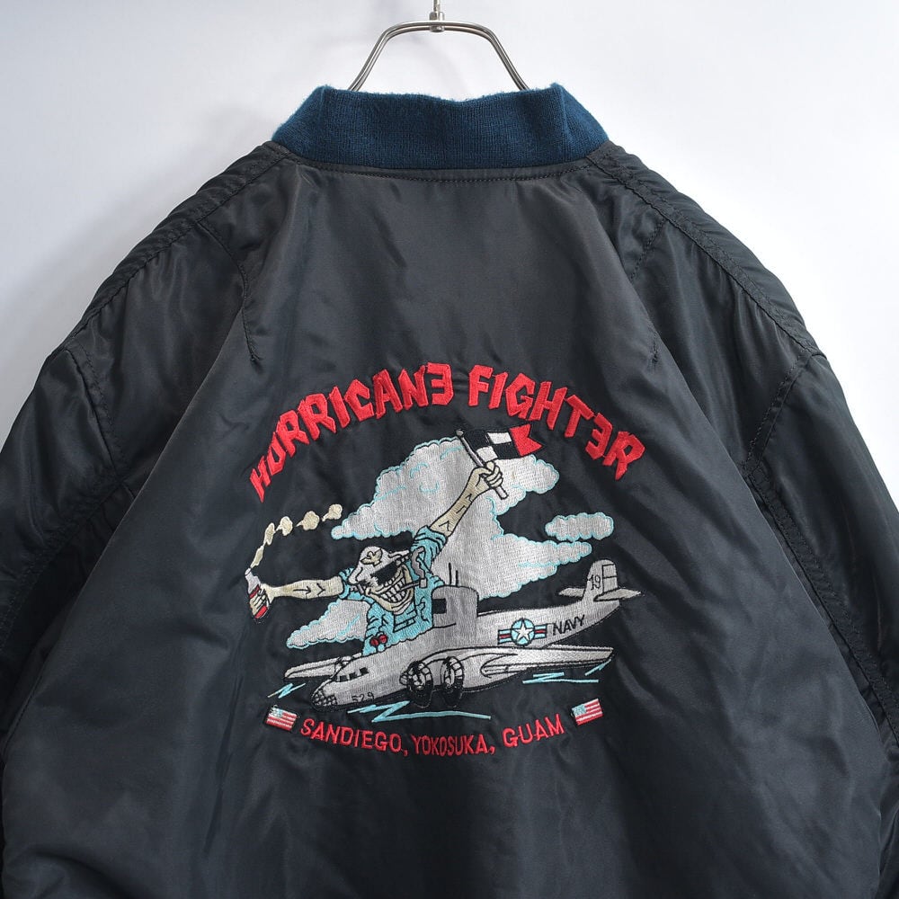 80~90s MA-1 フライトジャケット フライヤーズ マーワン U.S. NAVY 刺繍 HURRICANE FIGHTER スカル IDEALジップ ブラック ヴィンテージ ビンテージ 古着 メンズLサイズ