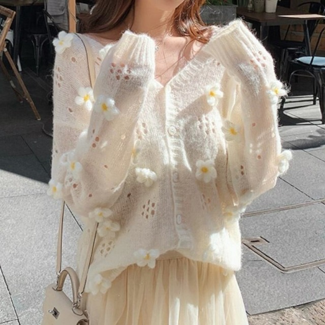 girly sweet flower hollow knitted cardigan 0558