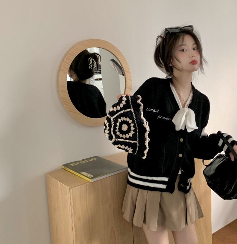 スタイルルーズセーター ジャケット オータムブラックトップス ロング 秋物 モンロー93321011427