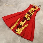 フラダンス 衣装 ALOHA STANDARDS アロハスタンダード ワンピース ドレス レッド系 ティアレ柄 ラウアエ柄 キャミソールドレス ハワイアンプリント ハワイアン アロハ フラ ダンス ハワイアンダンス 赤 黄 黒 イエロー系 ブラック系 華やか 鮮やか かわいい おしゃれ 大人っぽい