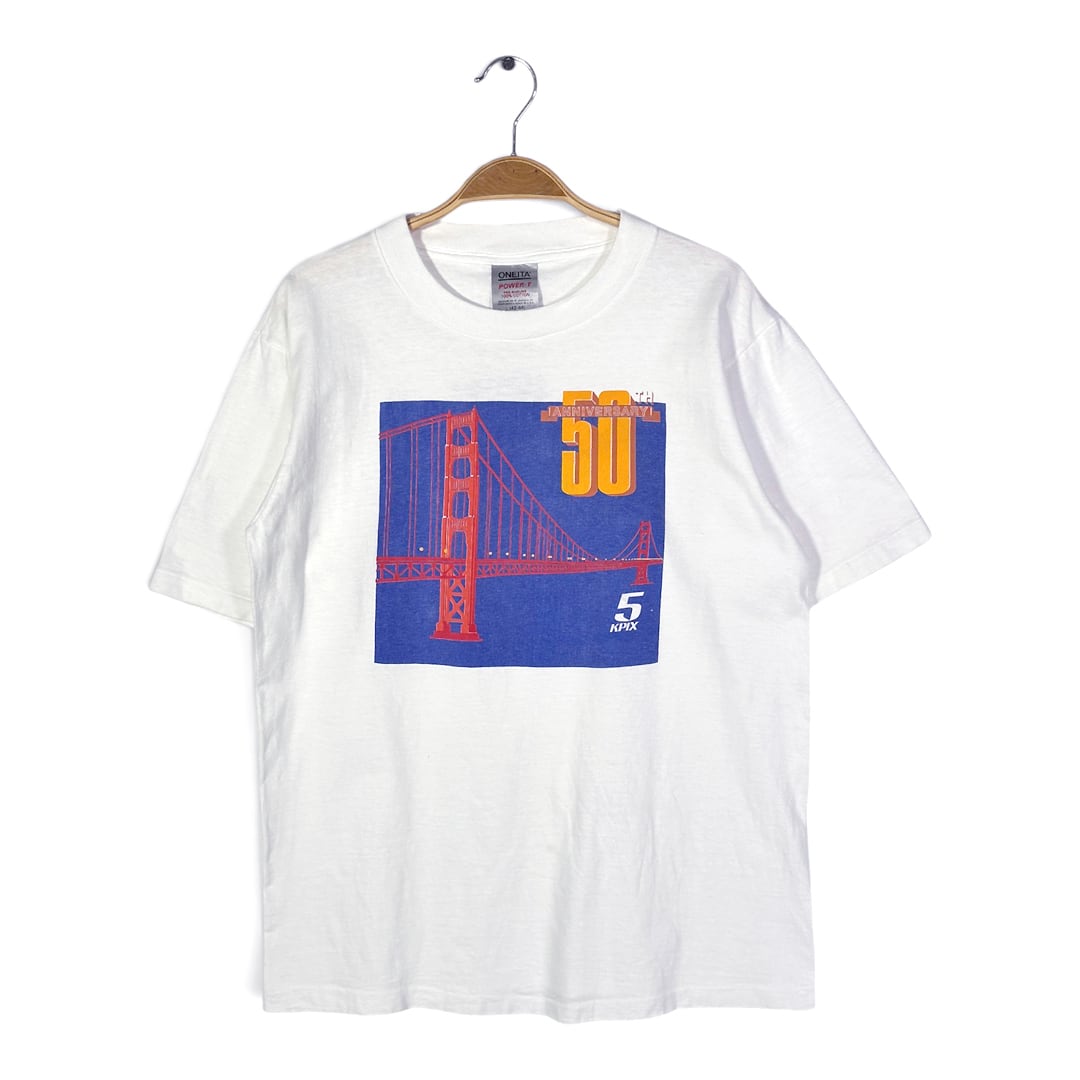 90s KPIX-TV チャンネル5 USA製 ヴィンテージ Tシャツ サンフランシスコ ゴールデンゲイトブリッジ テレビ局 企業系 シングルステッチ ONIETA サイズL 古着 BZ0548