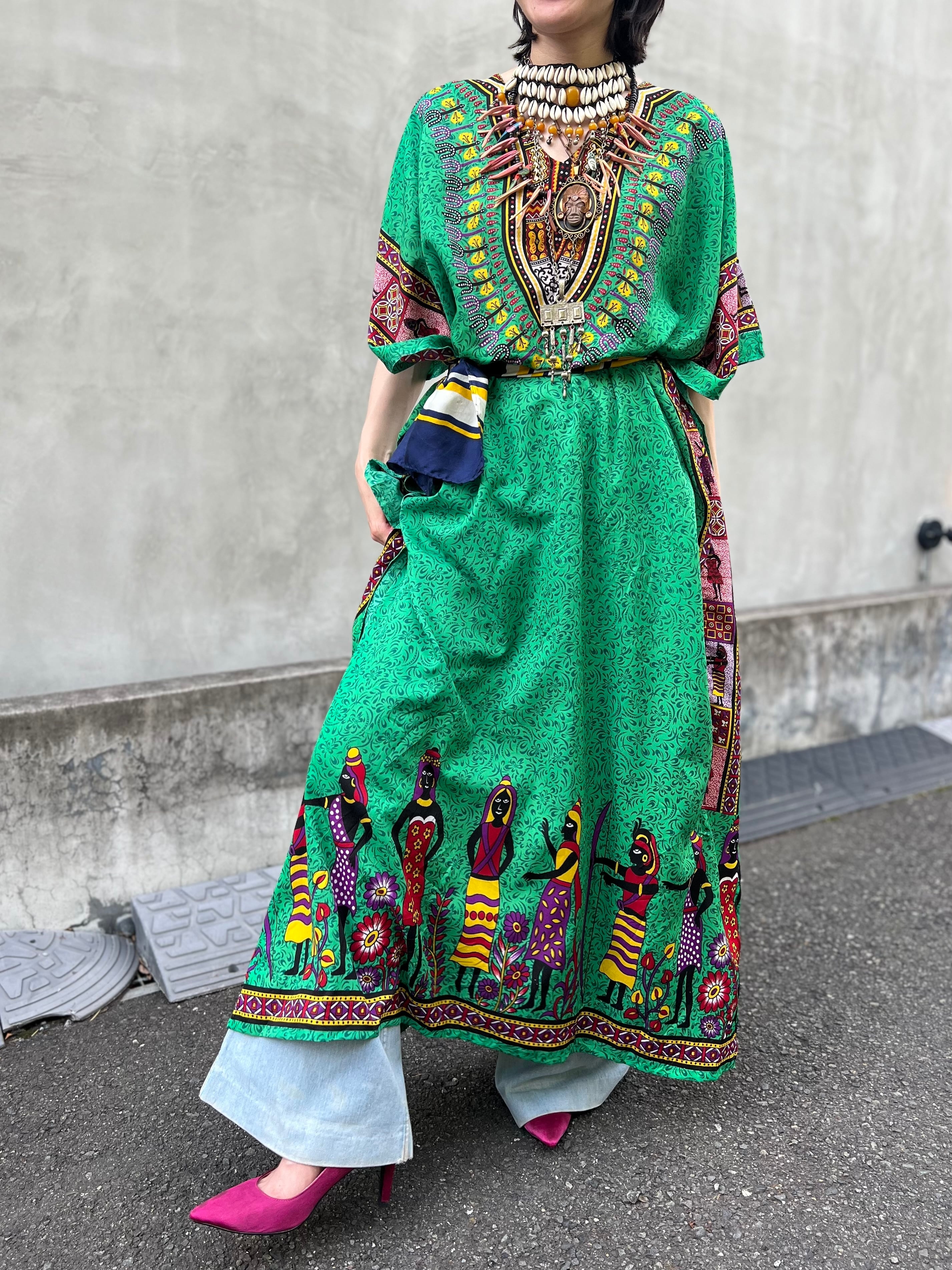 Vintage green × people cotton poly dress ( ヴィンテージ グリーン