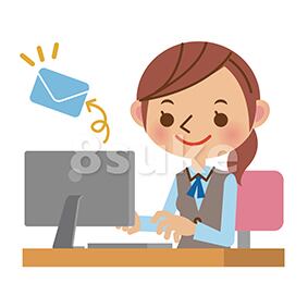 イラスト素材:パソコンでメールを送るOL・事務職の女性(ベクター・JPG)