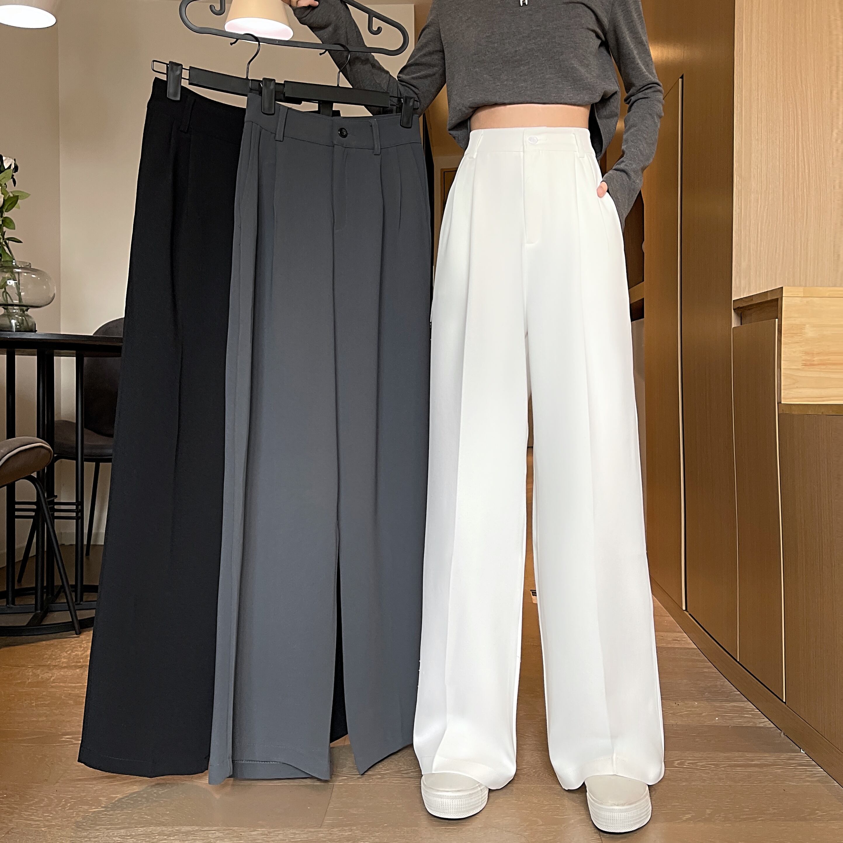 サマーブラックロングスタンダード薄手カジュアル ハイウェスト レトロ 夏物 YY-ファッション3959280441