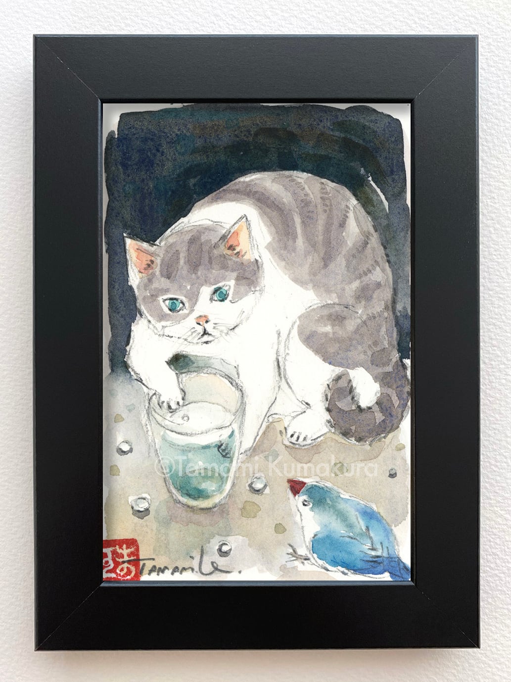 『魔法のひととき』｜動物画 原画 絵 手描き 癒し 猫 くまさん 一点物 額縁付 送料無料 「猫の絵no.77」 原画 フレーム付き 色鉛筆画（アート作品