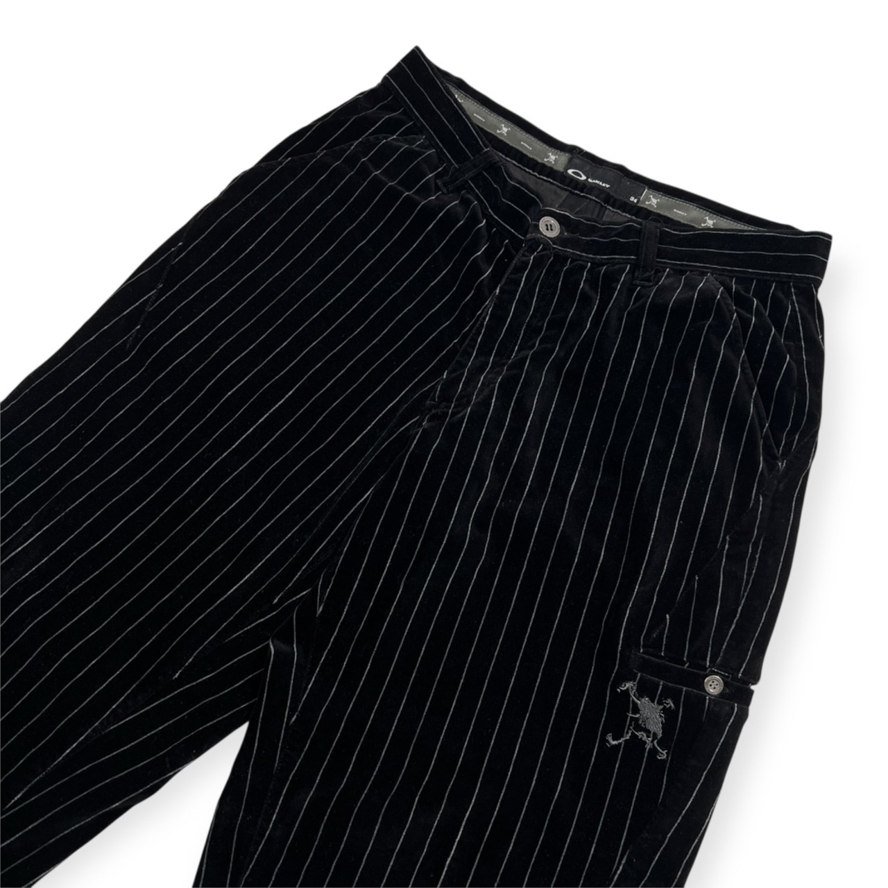 OAKLEY オークリー ベルベット ベロア ストライプ ストレッチ スラックスパンツ サイズ 34 /ブラック系 メンズ ゴルフ スカル刺繍