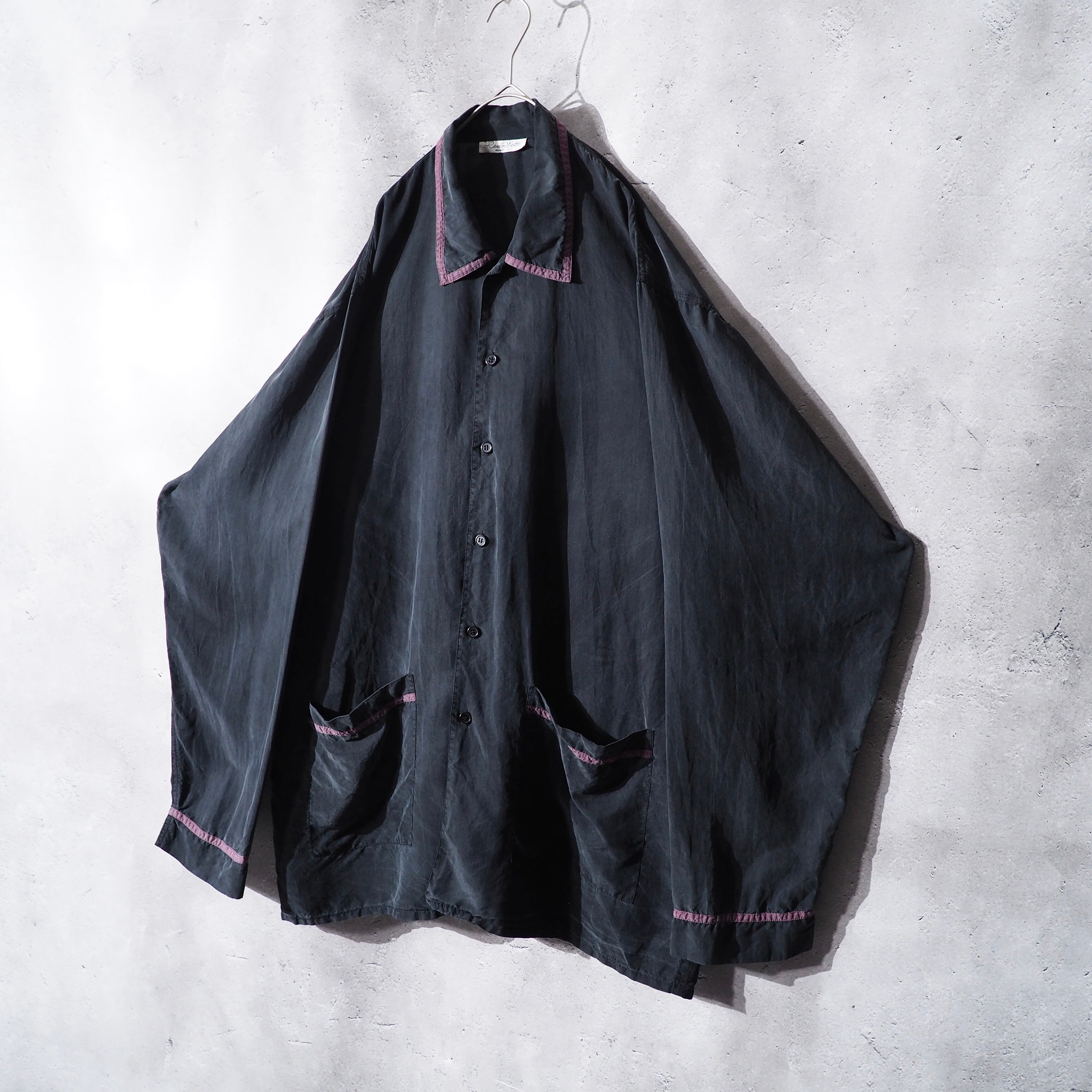 1980s " 墨黒 " Beautiful Black ink color vintage Drape loose silk shirt