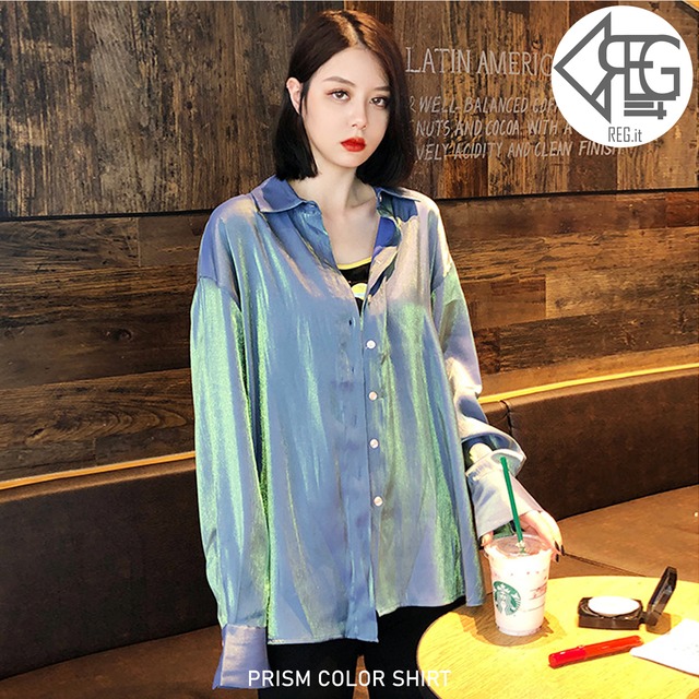 【REGIT】【即納】PRISM COLOR SHIRT-BLUE 韓国ファッション トップス シャツ オーロラ 個性的 長袖 ブラウス 羽織シャツ 10代 20代 プチプラ 着回し 着映え ネット通販 TTB046
