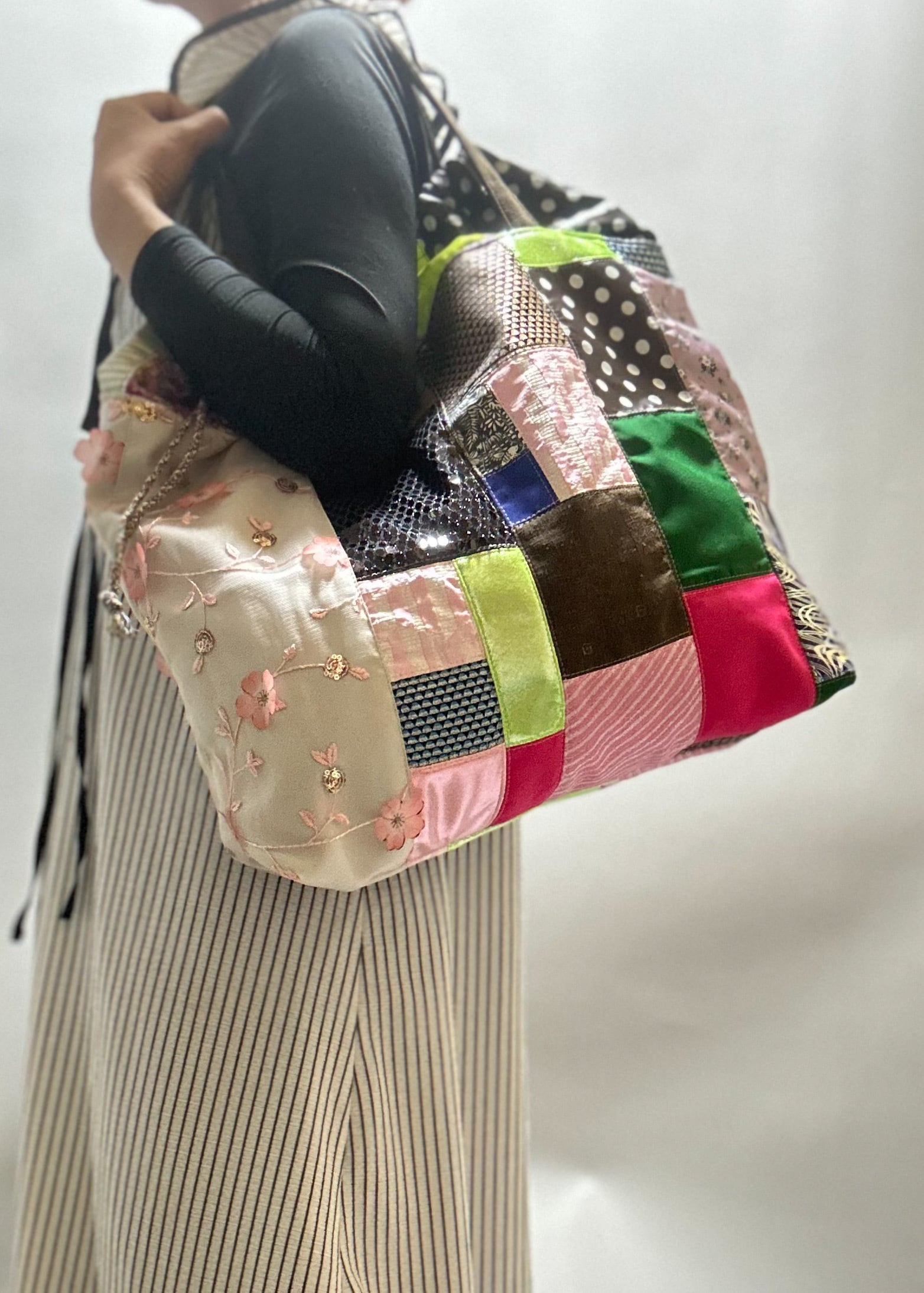 パッチワークエコバッグ⑧ L #パステルピンクミックス | a Linden