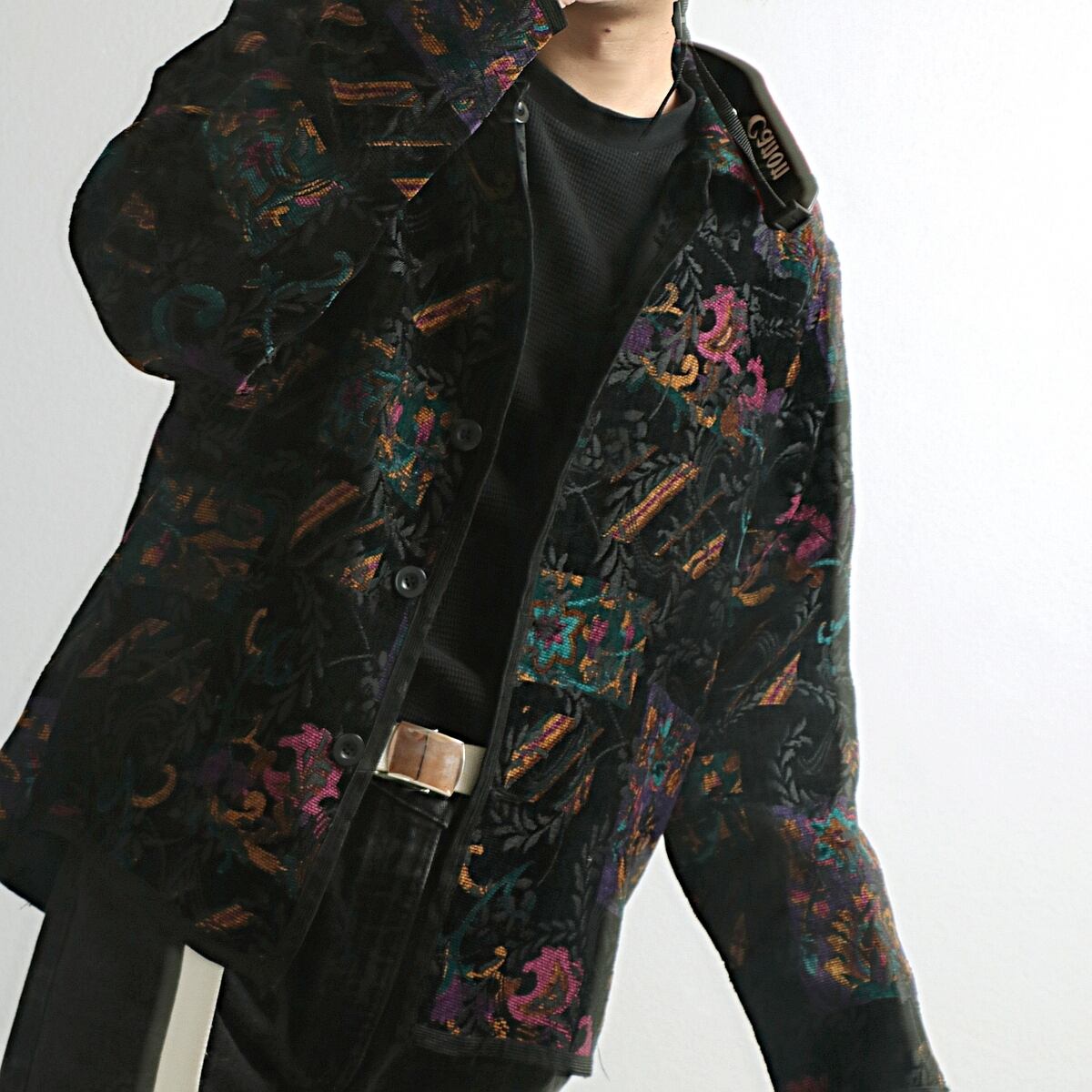 フローラル ジャガード織 リバーシブル ジャケット 古着 used レディース black×multi
