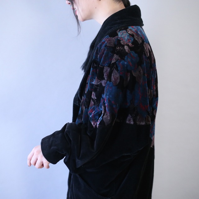 beautiful flower art pattern shawl collar velours jacket