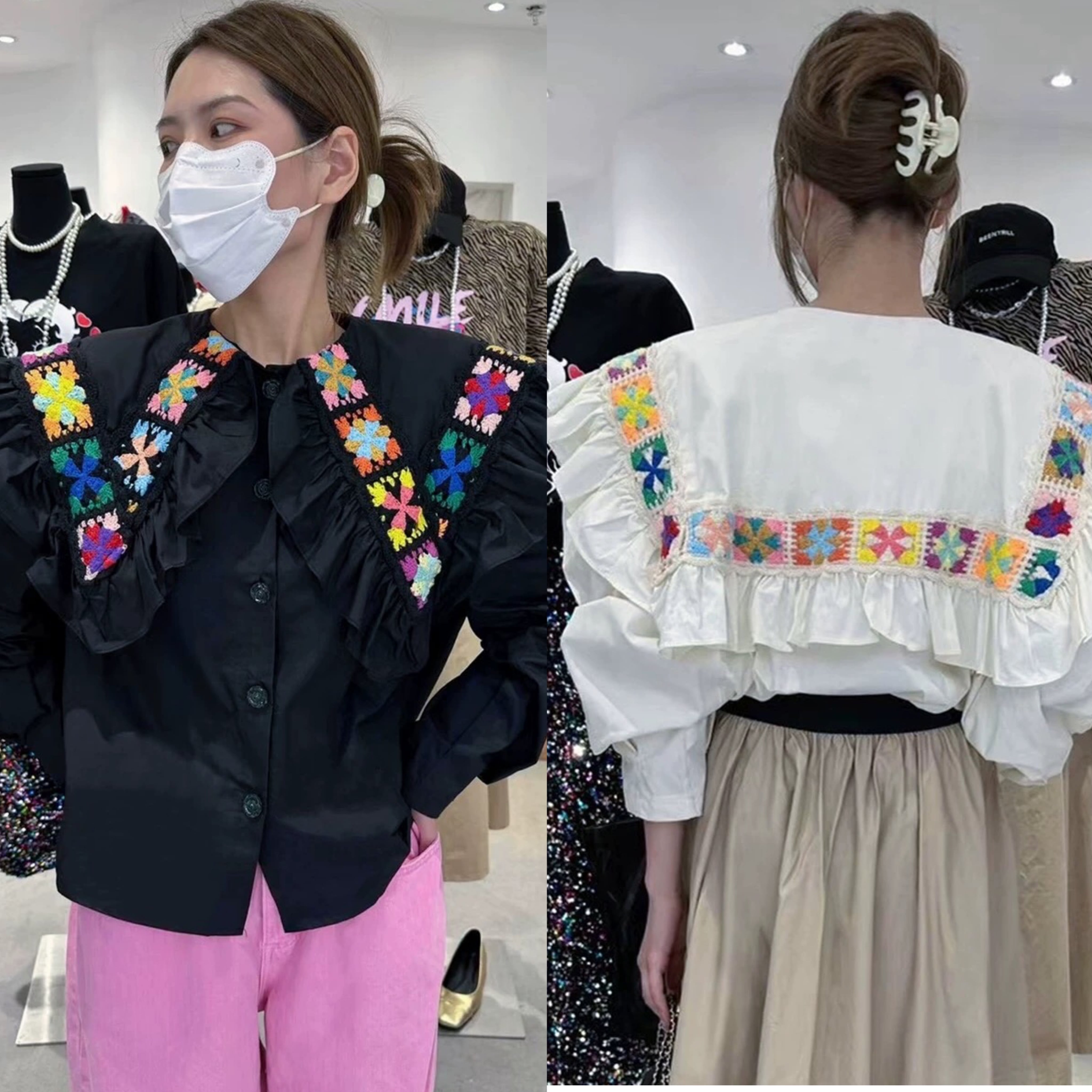 ブラウス ブラウス デカエリ 花柄 フラワー ハート シャツ トップス T