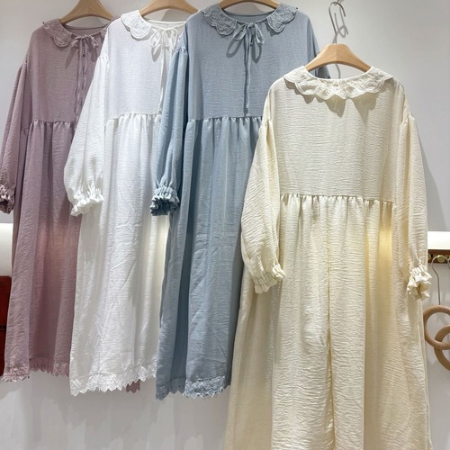 4色/刺繍スカラップ丸襟リボンワンピ ・12256