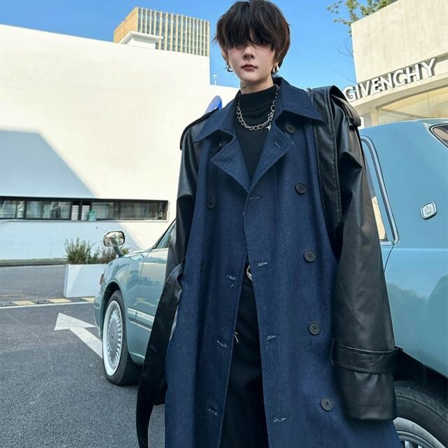 予約販売】コート 異素材 メンズ アウター ロング丈 ネイビー ブラック