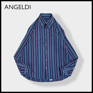 【ANGELDI】ストライプ 長袖シャツ マルチカラー カジュアルシャツ 刺繍ロゴ ボタンダウン L相当 ビッグサイズ US古着