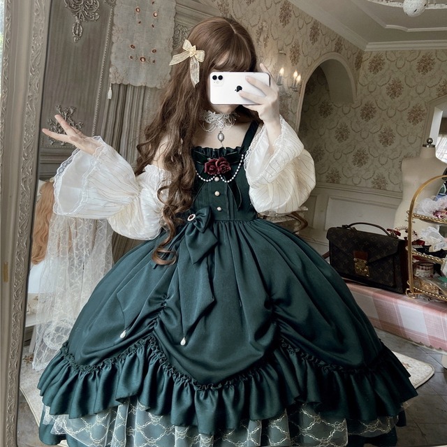 ゴスロリ通販 With U ゴシック ロリィタ  クラロリ ブラウス ジャンパースカート  2点セット クラシカル 薔薇少女 甘め かわいい 豪華 上品