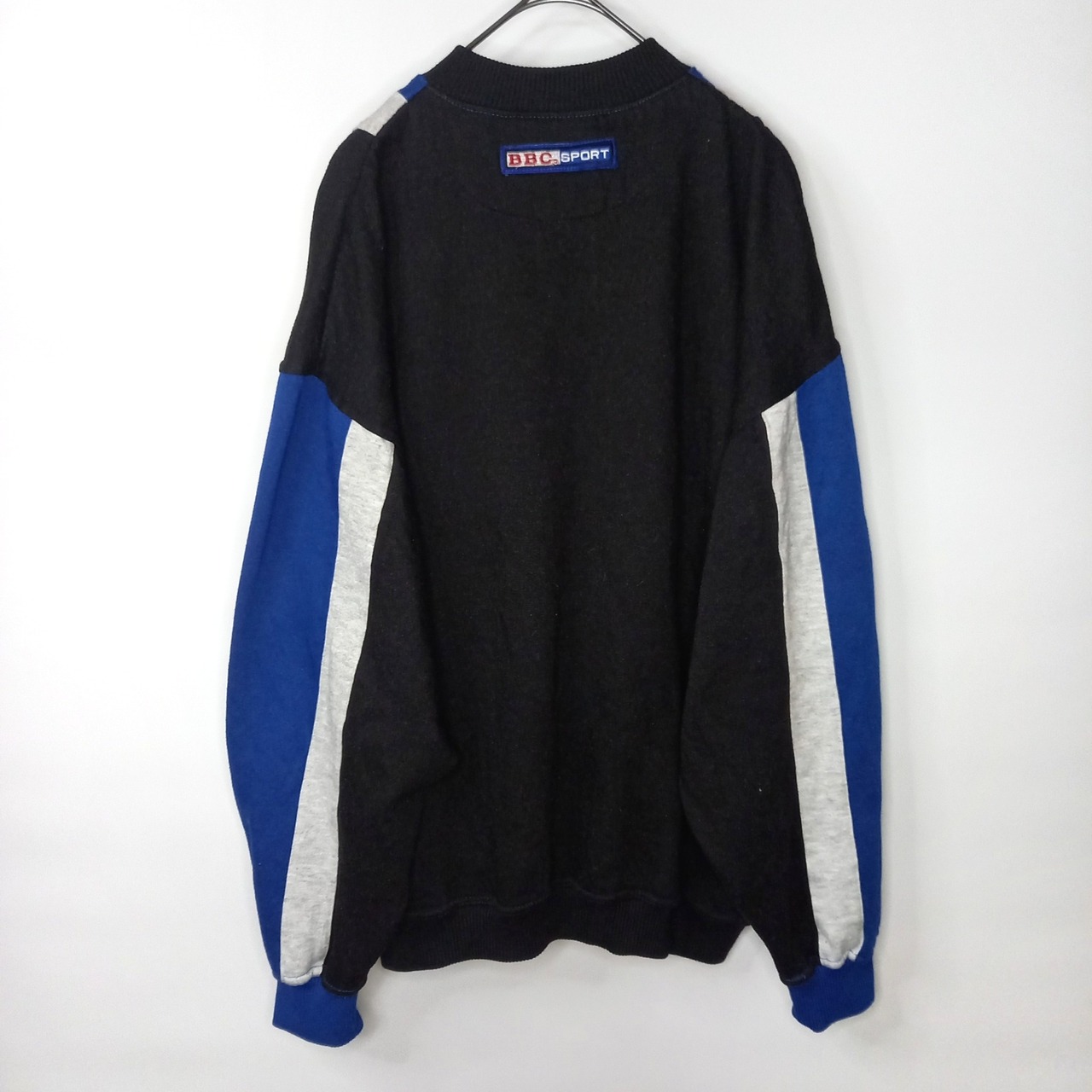 90s　ヘンリーネック　スウェット　トレーナー　長袖　太ストライプ　ブルー　ブラック　L