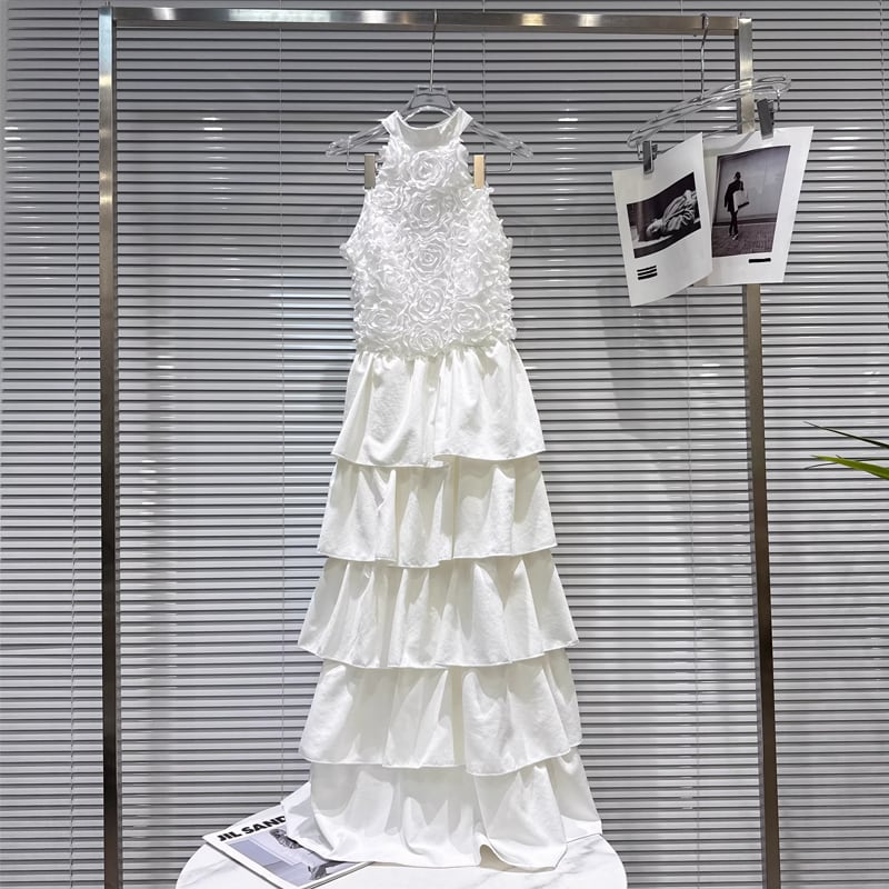 【dress】ホルターネックロングティアードワンピース Q8101