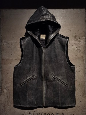 【Caka】Good Fade Leather Swiching Zip Up Hoodie Vest