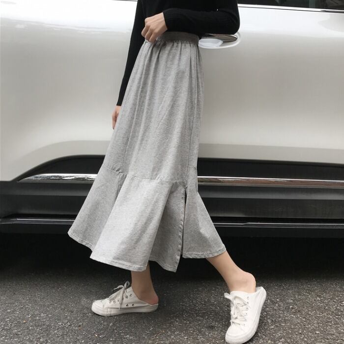スリット入りイレギュラーフィッシュテールスカート2020夏新作伸縮性ウエスト女子学生無地ミドル丈スカート YY-ファッション38681800353