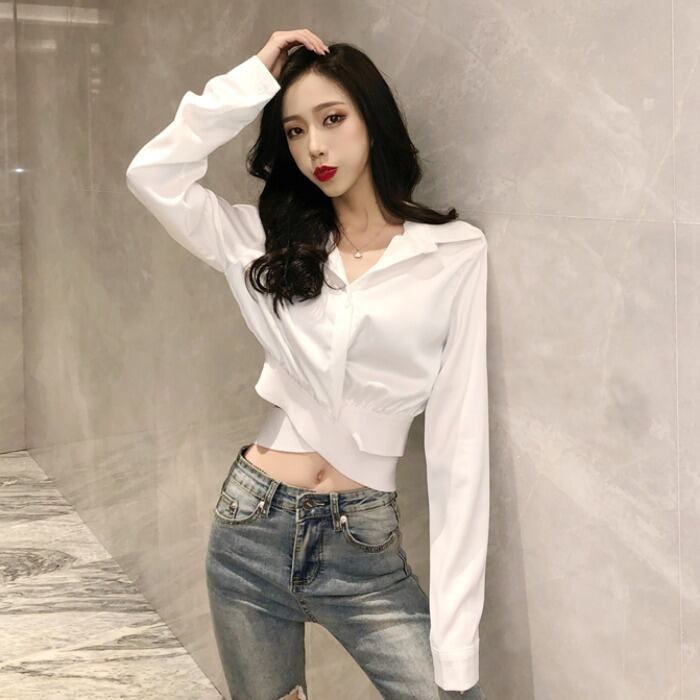 白いシャツの女性のデザインセンスニッチ秋2020新しい慎重なマシンスーツの襟クロスショートクロップトップ 1号婦人36243735727