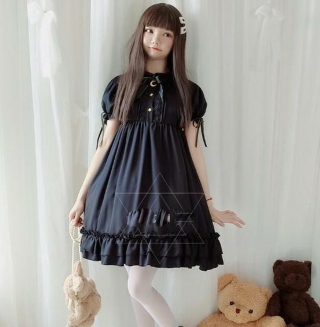 ゴスロリ ワンピース 半袖 袖コン リボン レトロ 闇少女 裾フリル 病み可愛い ブラック ゴシック ロリータ モード系ファッション専門店 With U