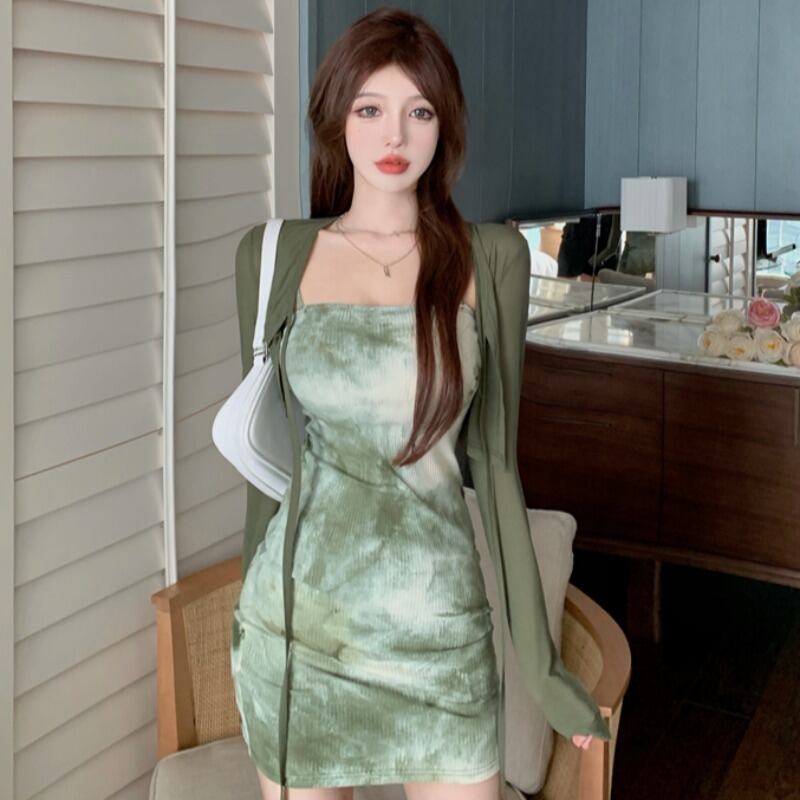 サマースタンダードグリーンショートカーディガンスリムドレス レトロ レース 夏物 レースアップ YY-ファッション98169869828