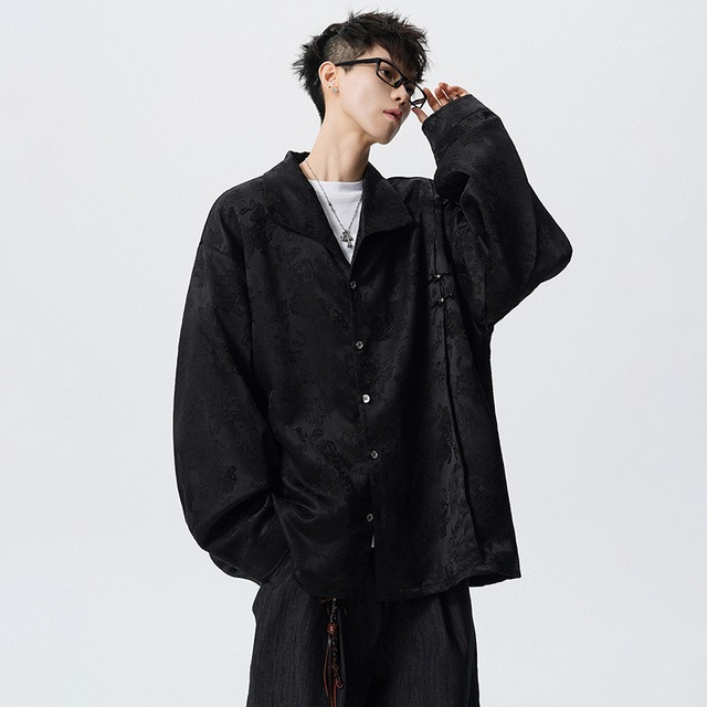 【OULANGSENシリーズ】★チャイナ風トップス★ ユニセックス 2color シャツ 長袖 大きいサイズ ゆったり 金属ボタン ゆったり