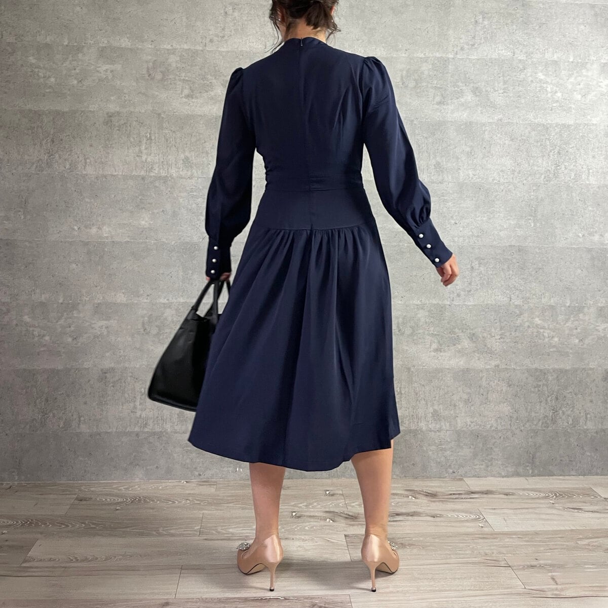 SALE□美ラインシルエット♪上品フォーマルミモレ丈フレアワンピース