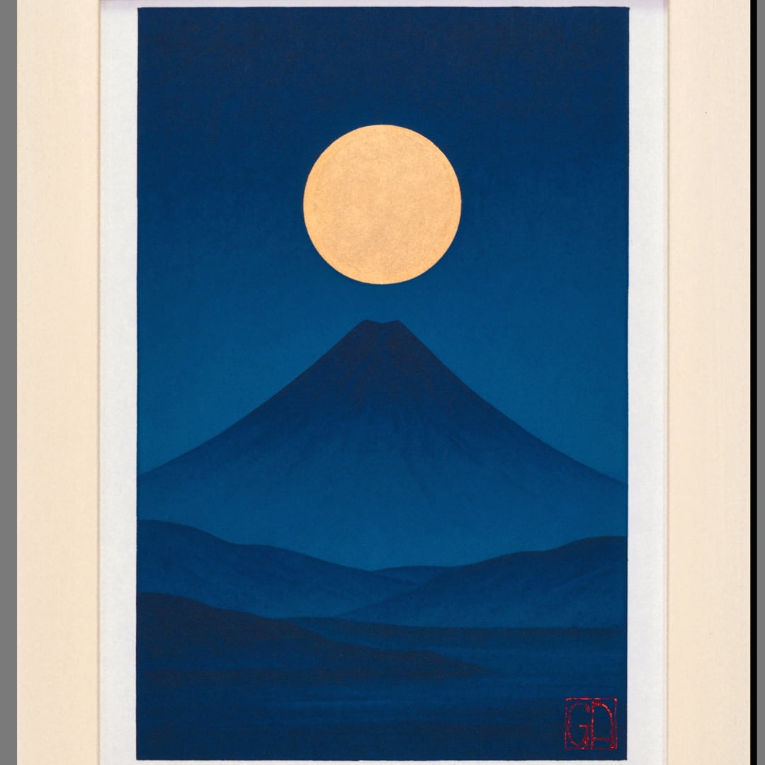 静寂の青『満月と夜の富士山』○AIアート和紙20枚限定A4額装品がんどう