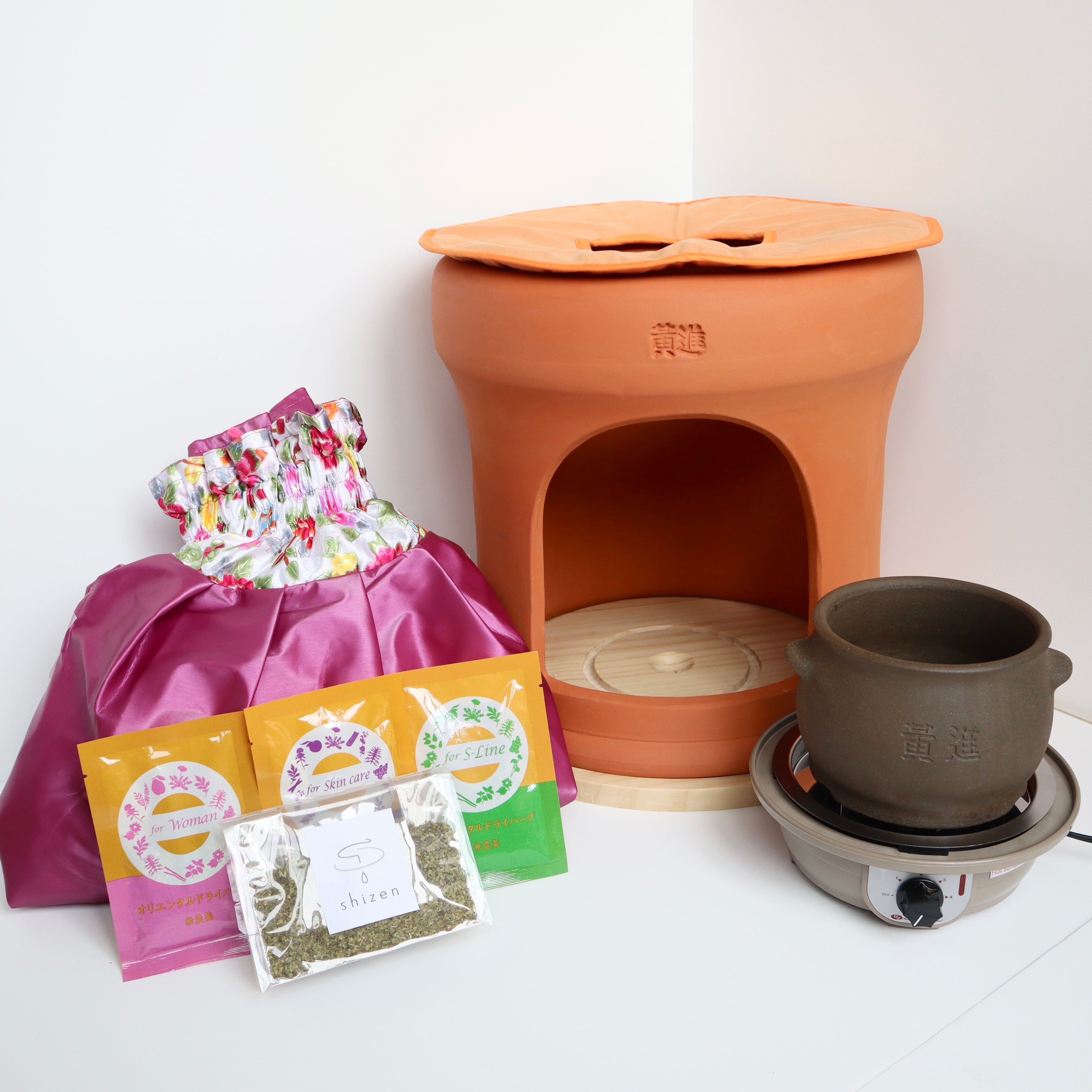 【ファンジン】ーお得な開業セットー　黄土よもぎ蒸しセット一式×2セット（黄土座浴器、専用壺、コンロ、木製専用安定台、クッション、専用ガウン）