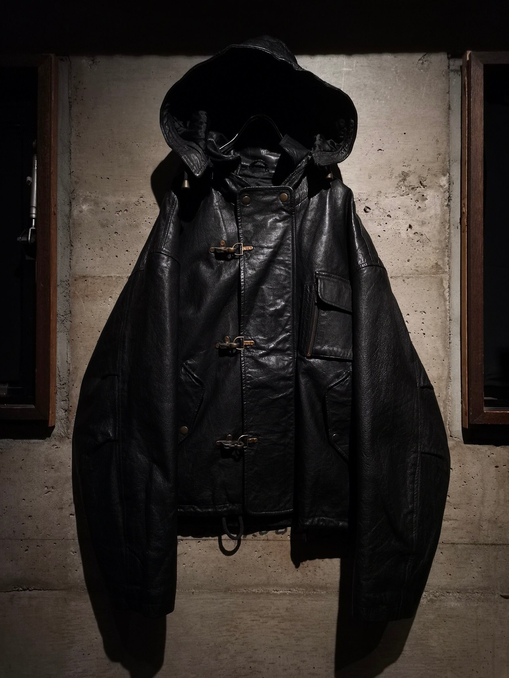 Caka】Hooded Detachable Gimmick Vintage Loose Fireman Leather  