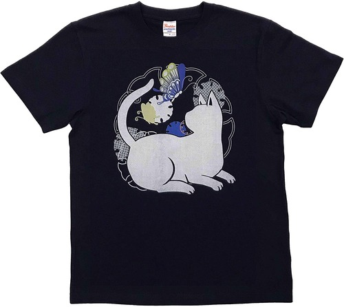 [江戸てん]猫と蝶 紺  Tシャツ 7.4オンススーパーヘビー厚地 捺染プリント M～4L大きいサイズまで メンズ