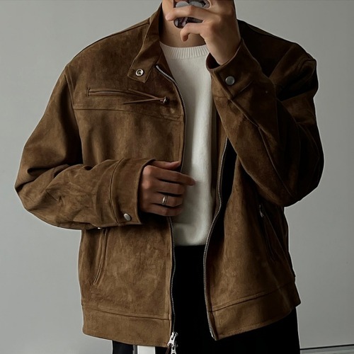 【予約販売】ブルゾン メンズ 無地 スエード ブラウン ショート丈  ジャケット シンプル  防寒 お洒落 こなれ感 ベーシック 秋冬 M/L/XL