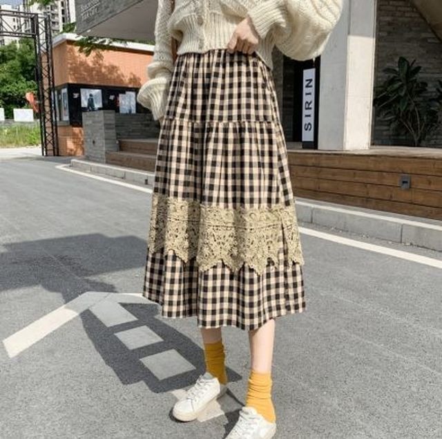 レディース スカート 春 夏 ボトムス ギンガムチェックレーススカート フレアスカート チェック レース 森ガール ナチュラル カントリー ガーリー 大人ガーリー フェミニン カジュアル 春夏 ブラック ブラウン フリーサイズ Uki Uki