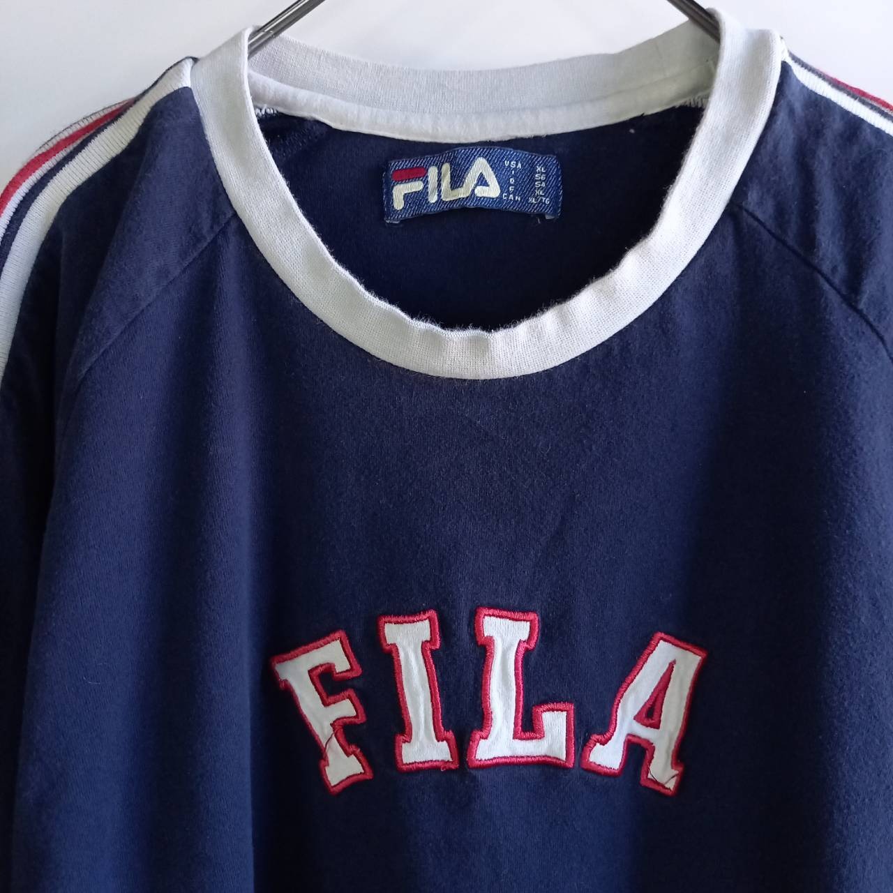 90s　オールド　フィラ　ラグランTシャツ　半袖　ストライプ　刺繍ロゴ　紺　XL