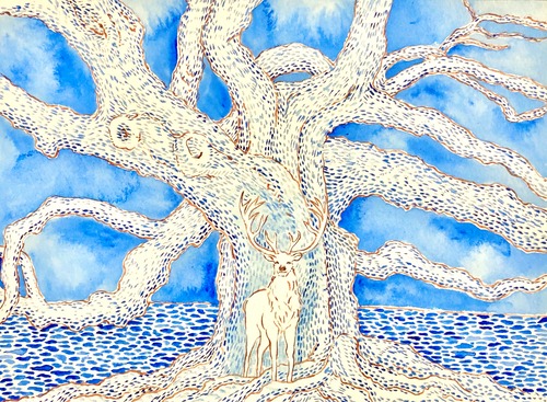 青い世界の神木と神鹿