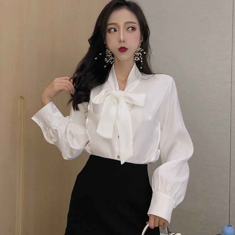 白いシャツの女性の2020年春の新しい洋風デザインセンスニッチ蝶結び明るいシルクシャツ流行の長袖トップス 1号婦人21371017251