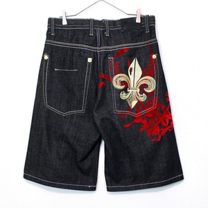 【Caka act2】Special Embroidery Design Black Denim Baggy Shorts